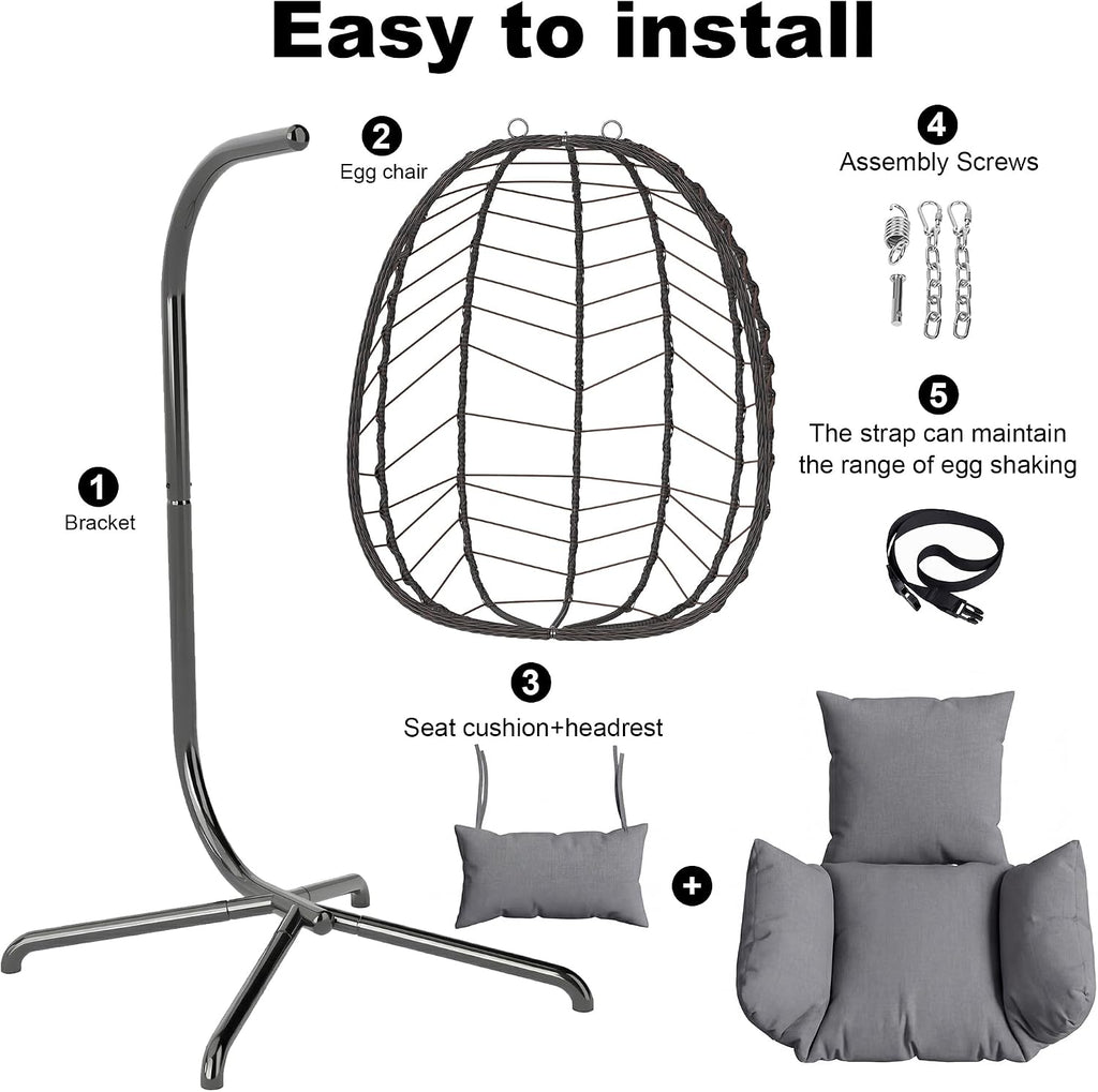 LEX CRAFT Hanging Egg Chair with Stand, Swinging Egg Chair Outdoor Indoor, Hanging Basket Chair with Cushion, Patio Wicker Hammock Chair 350lbs Capacity for Porch, Balcony, Backyard, Garden (Grey1)