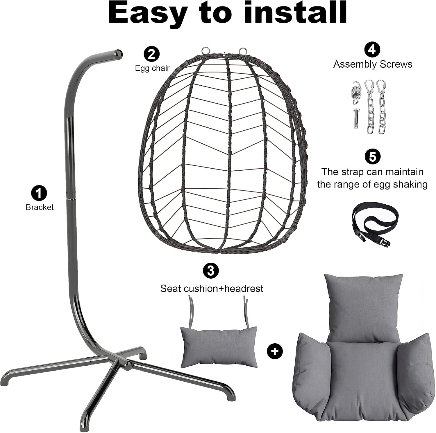 LEX CRAFT Hanging Egg Chair with Stand, Swinging Egg Chair Outdoor Indoor, Hanging Basket Chair with Cushion, Patio Wicker Hammock Chair 350lbs Capacity for Porch, Balcony, Backyard, Garden (Grey1)