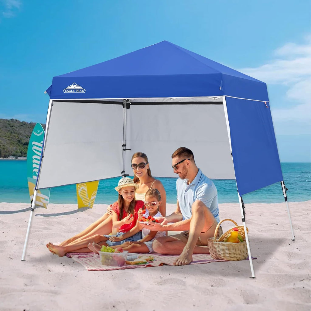 EAGLE PEAK Day Tripper 8x8 Aluminum Super-Lightweight Slant Leg Pop Up Canopy with 3 Removable Walls, Instant Outdoor Backpack Canopy Tent, Outside Beach Folding Sun Shelter, 8x8 Base 6x6 Top, Blue