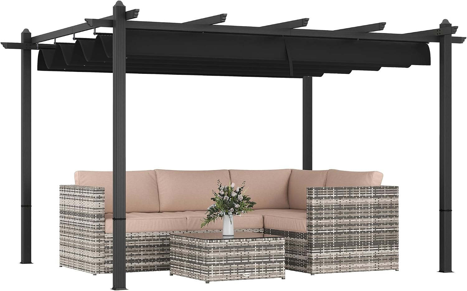 Outsunny 10' x 13' Retractable Pergola Canopy, Wood Grain Aluminum Pergola, Outdoor Sun Shade Shelter for Grill, Garden, Patio, Backyard, Deck, Gray