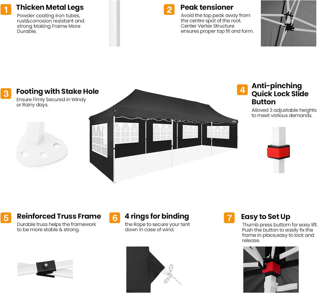 COBIZI 10x30 Pop up Canopy with 8 Removable Sidewalls & 4 Sandbags, Party Tent for Parties, Wedding, and Commercials, Waterproof and Instant Shelter UV50+ Ez Outdoor Canopy Tent with Roller Bag