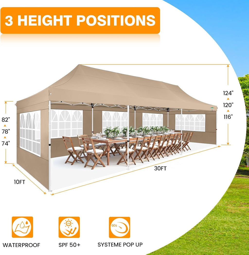 COBIZI 10x30 Pop up Canopy with Roller Bag & 8 Removable Sidewalls, Canopy Tent for Parties, Wedding, and Commercials, Waterproof and Instant Shelter UV50+ Outdoor Gazebo with 4 Sandbags(Khaki)