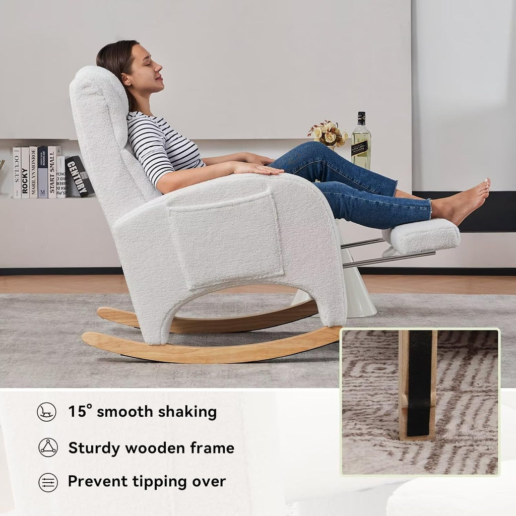 FOXHUNTER Rocking Chair Nursery, Modern Glider Chair with Adjustable Footrest and Solid Wood Legs, High Backrest Nursery Chair with Side Pocket, Rocker Armchair for Living Room Bedroom, Teddy Ivory