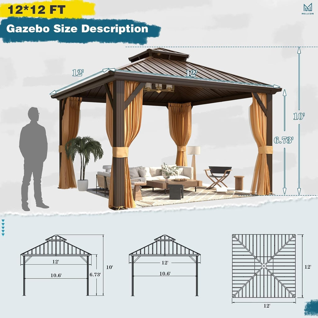 MELLCOM 12'x12' Hardtop Gazebo, Metal Double Roof Aluminum Gazebos with Curtain and Netting,Brown Permanent Galvanized Steel Pavilion for Patio, Lawn & Deck