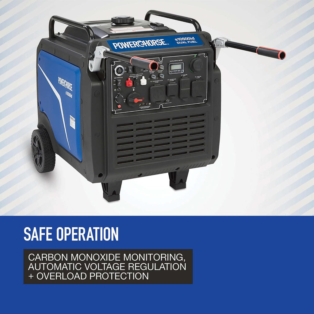 Powerhorse Inverter Generator, 10,500 Surge Watts, 8300 Rated Watts, 120/240V, Dual Fuel, CO Shutdown, Quiet Run 62dB