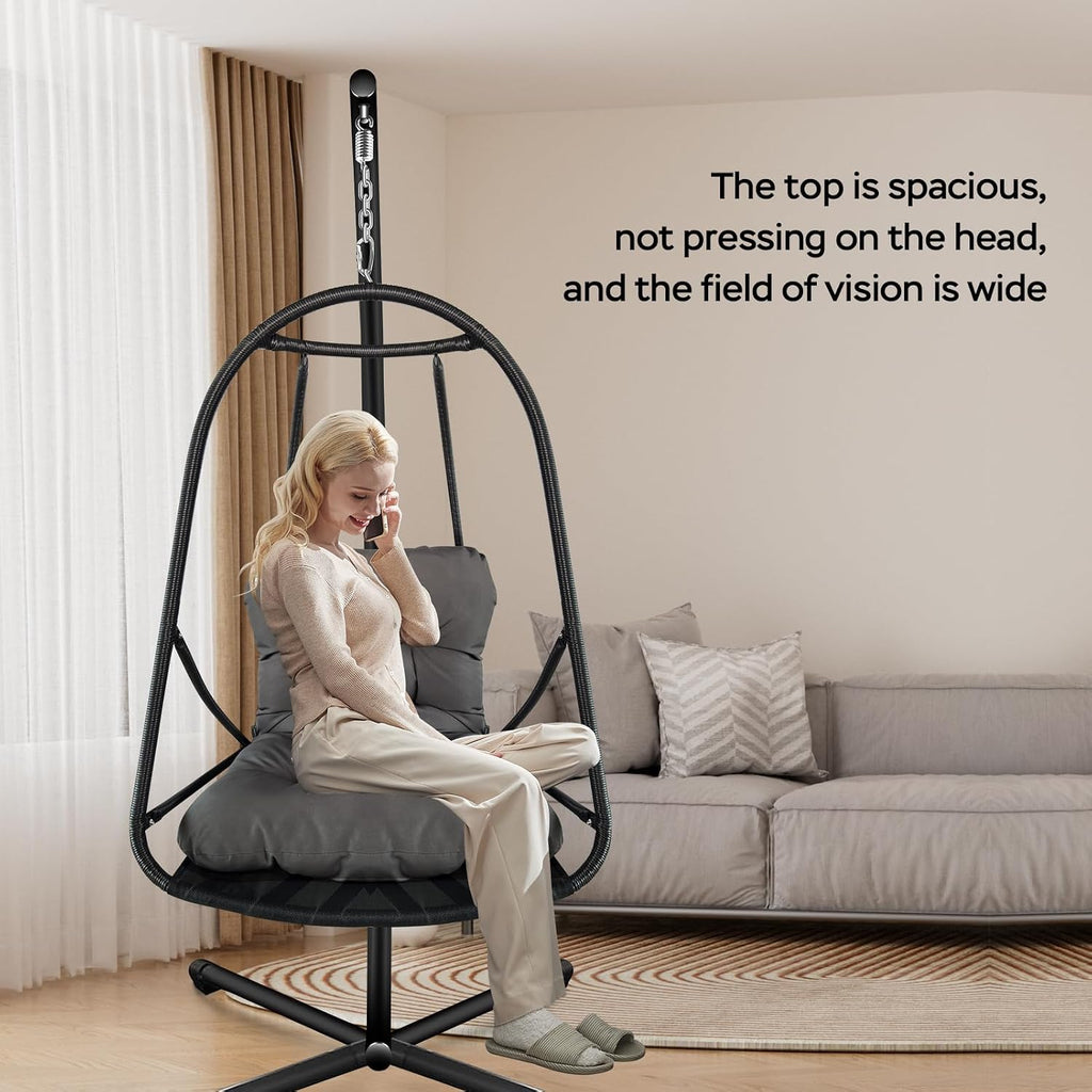 JESE Swing Egg Chair Foldable Frame Hanging Chairs, UV Resistant Waterproof Cushion and Cup Holder,Swing Hammock Chairs for Patio,Bedroom,Balcony, Garden-350lbs, Stand Included, Brown