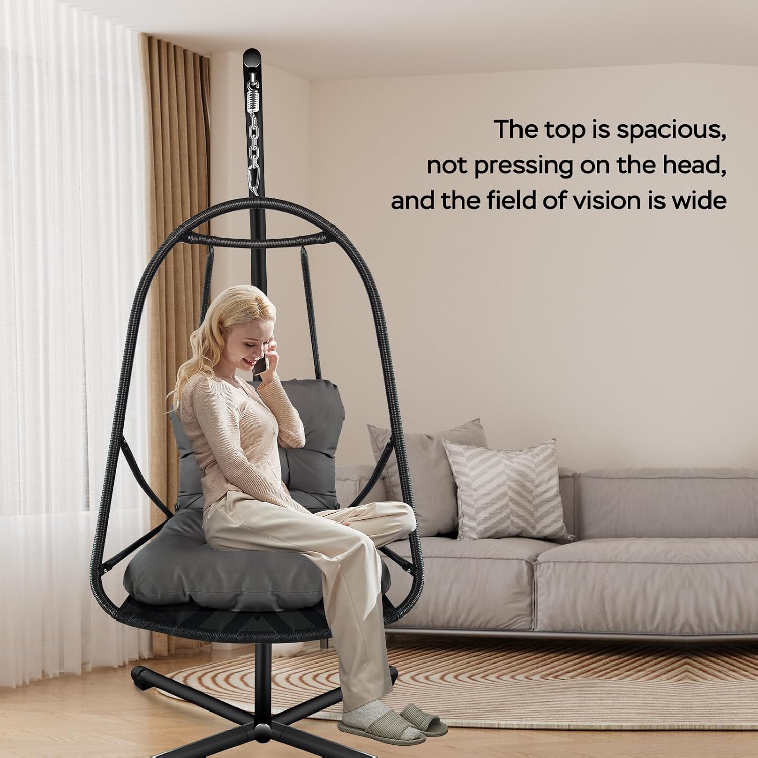 JESE Swing Egg Chair Foldable Frame Hanging Chairs, UV Resistant Waterproof Cushion and Cup Holder,Swing Hammock Chairs for Patio,Bedroom,Balcony, Garden-350lbs, Stand Included, Brown