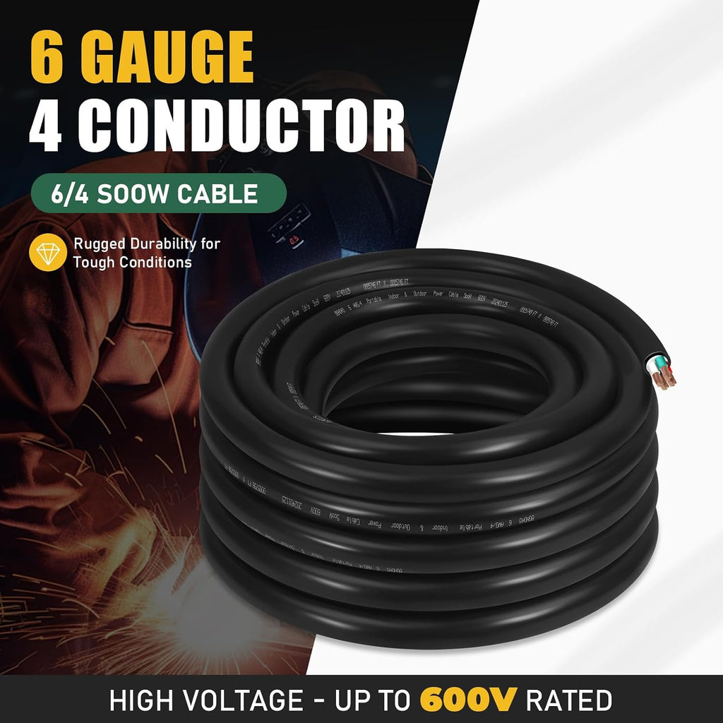 25ft 6/4 6 AWG Portable SOOW Cable (4 Conductor) - 600V 6 Gauge Electric SOOW Wire for Welder,Generator, Portable Lights,Motor Lead, EV Car Chargers,Circuits, Machinery - 25 Feet Electrical So Cord