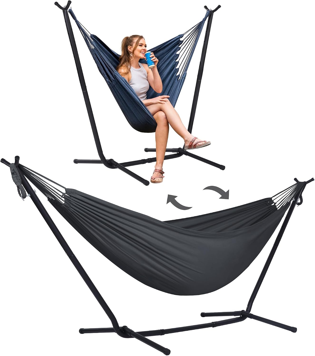 SUNCREAT 2-in-1 Hammocks Convertible Portable Double Hammock with Stand Included, Outdoor Hammock and Stand, Patented, Dark Grey