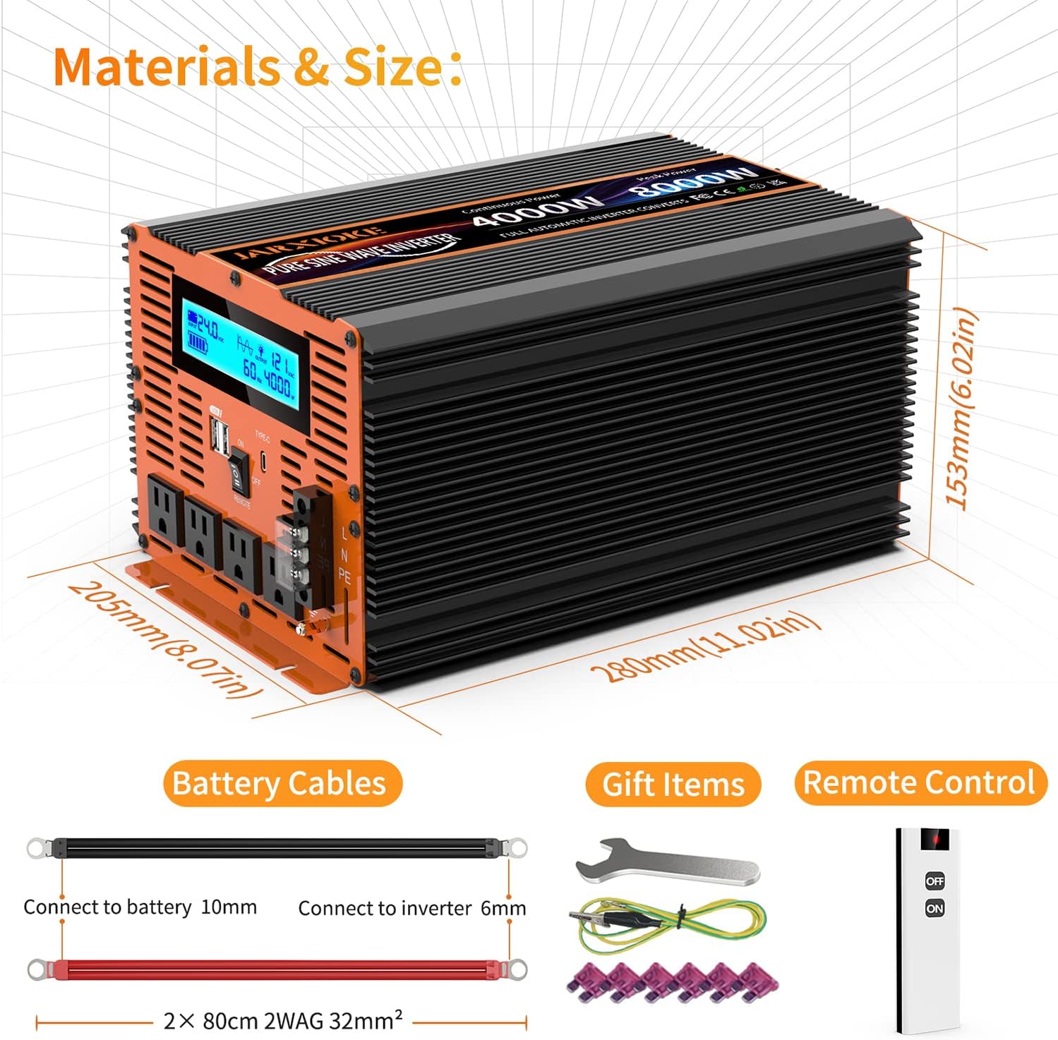 4000 Watt Pure Sine Wave Power Inverter 24V DC to 110V 120V Converter for Family RV Off Grid Solar System Car with Type-C Ports 4 AC Power Outlets Dual USB Ports LCD Display and Remote Control