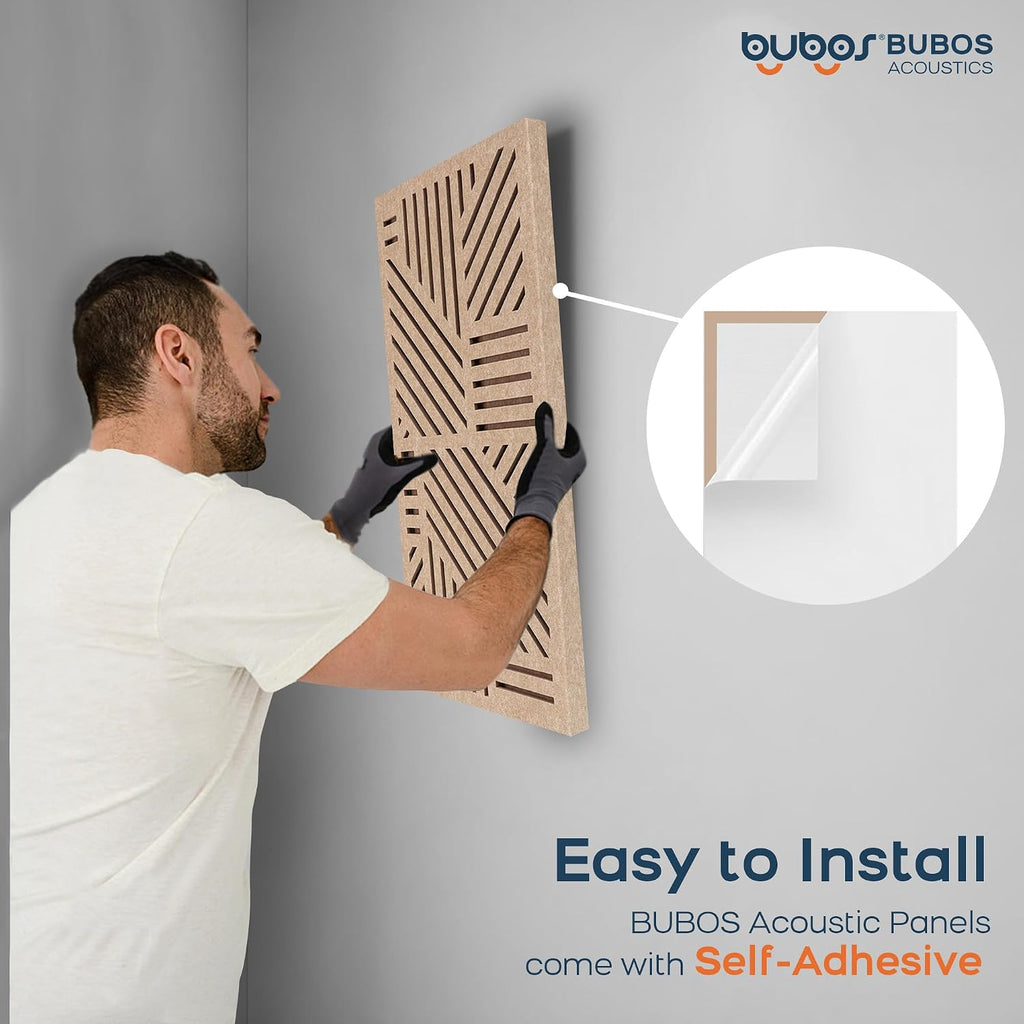 BUBOS 4 Pack Acoustic Wall Panels - Professional Self-Adhesive Sound Absorbing Slotted Cavity Panels for Enhanced Audio Clarity - High-Density Soundproofing for Home Office, Studio, Gaming & Gym-Brown