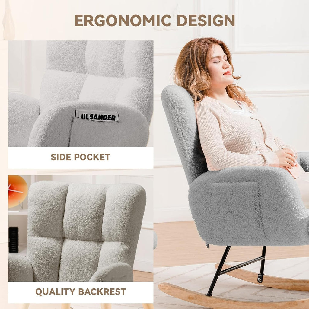 LUCKLIFE Rocking Chair Nursery,Teddy Upholstered Glider Rocker Chair with High Backrest,Reading Chair Modern Rocking Accent Chairs with Side Pockets for Living Room,Bedroom (Grey)