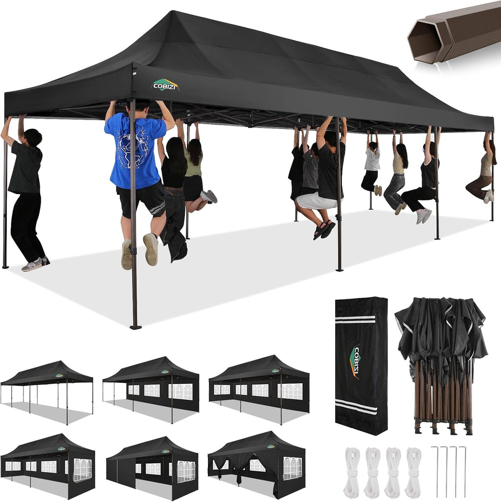 COBIZI 10x30 Pop Up Canopy Tent Heavy Duty with 8 Removable Sidewalls, Commercial Portable Tents for Parties Ez Up Canopy All-Weather Windproof & Waterproof and UPF 80+ Wedding Tent Sun Shelter
