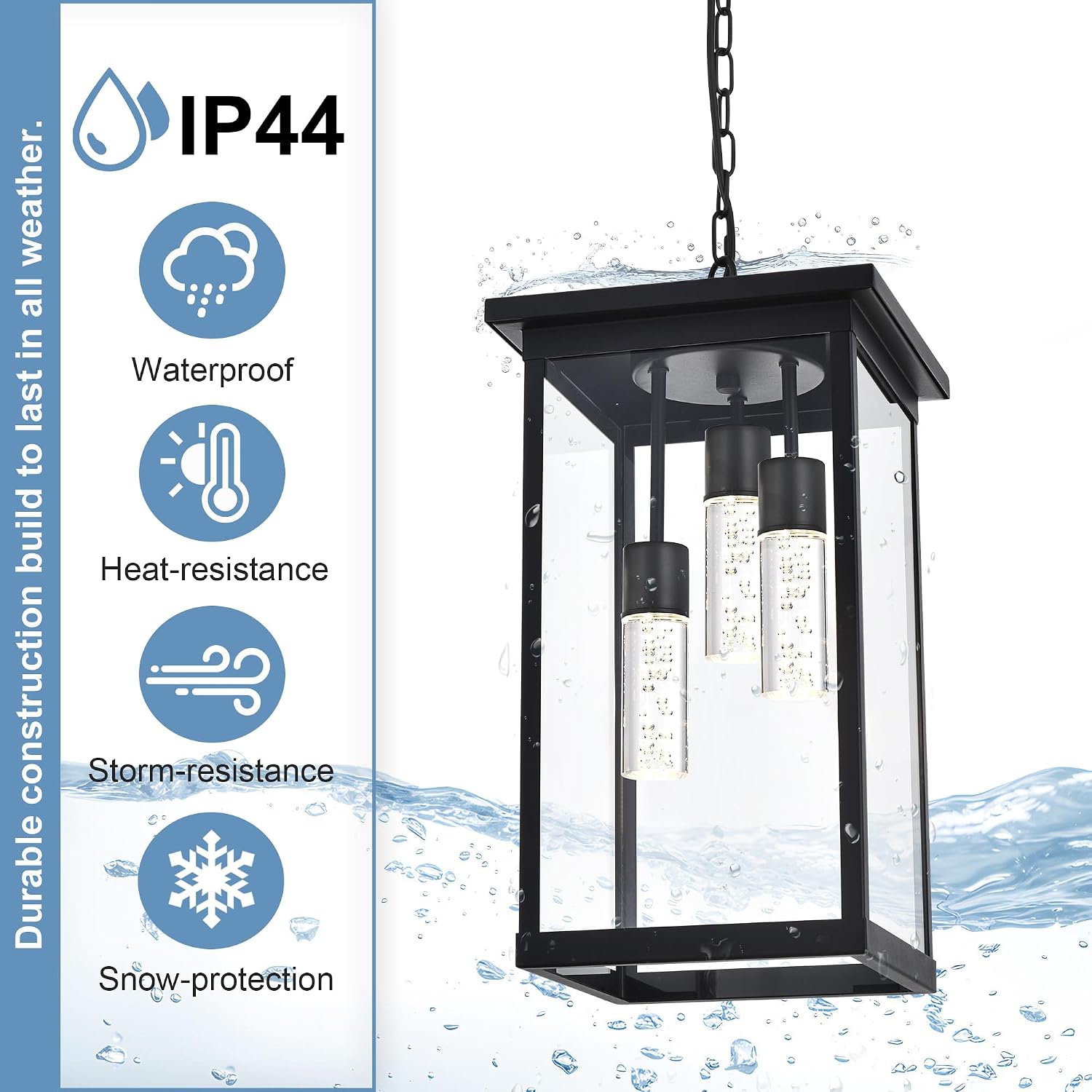 TODOLUZ 5CCT LED Large Outdoor Pendant Light Fixtures, LED Integrated Bulbs Included 3-Light Black Outdoor Hanging Lantern Light, Exterior Pendant Ceiling Lighting for Porch Yard Gazebo