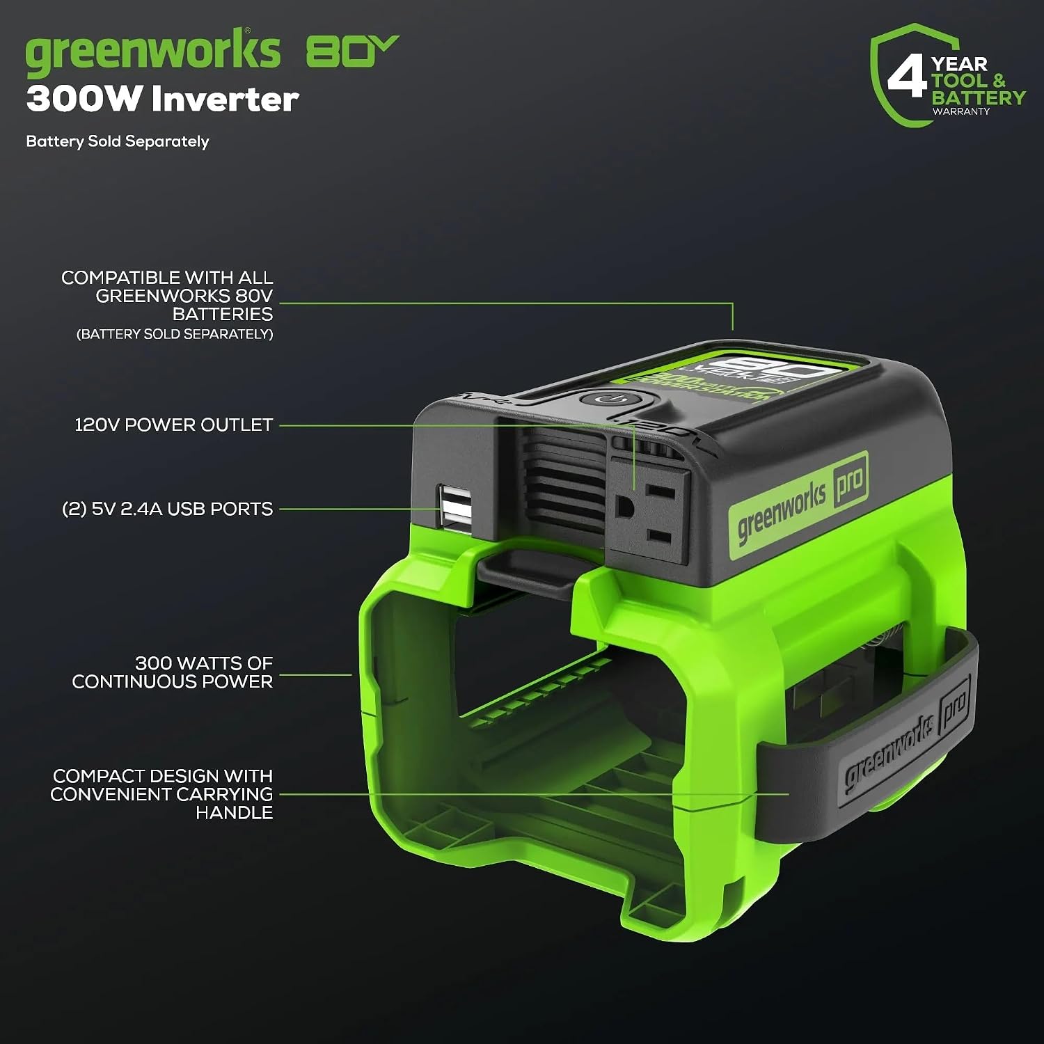 Greenworks Pro 80V (300 Watt) Power Inverter, 120V AC, for Charging Small Electronics, Smart Phones, Tablets, Small Televisions, Tool-Only, IV80A00