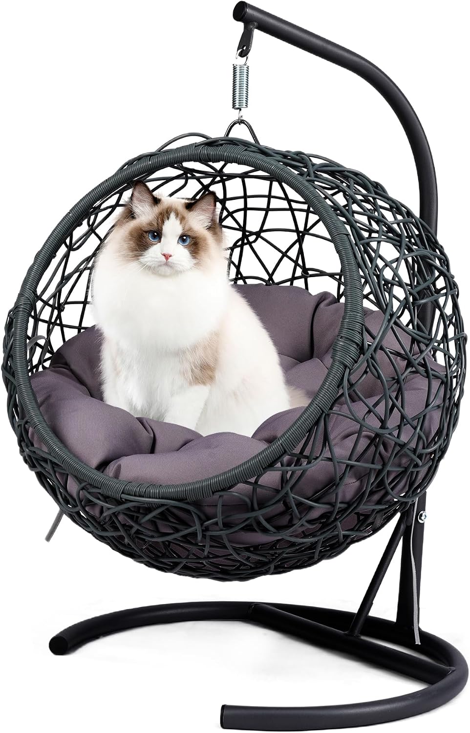 Cat Swing Bed with Aluminum-Steel Stand & Soft Cushion, Cat Egg Chair with HDPE Rattan Wicker Appearance, Indoor Hanging Pet Bed for Kitten, Puppy, Small Dogs (Grey, Hemispherical)