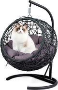 Cat Swing Bed with Aluminum-Steel Stand & Soft Cushion, Cat Egg Chair with HDPE Rattan Wicker Appearance, Indoor Hanging Pet Bed for Kitten, Puppy, Small Dogs (Grey, Hemispherical)