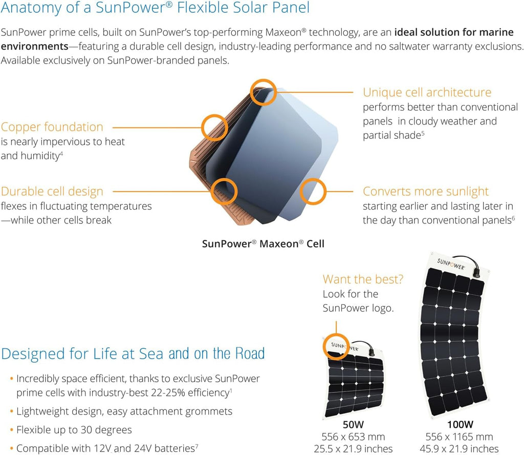 ExpertPower 2 Pieces 100W Flexible Solar Panel| High-Efficiency Module with Monocrystalline Maxeon Solar Cells for RV, Boat, Camping and Generator Charging Applications