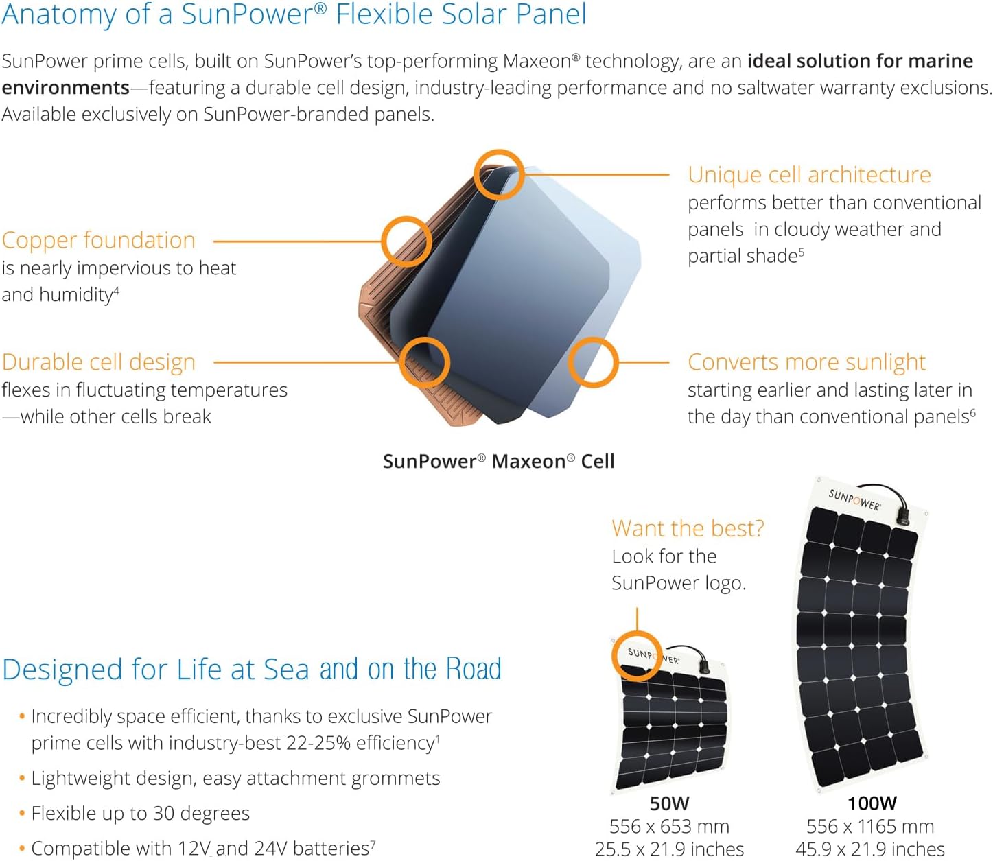 ExpertPower 2 Pieces 100W Flexible Solar Panel| High-Efficiency Module with Monocrystalline Maxeon Solar Cells for RV, Boat, Camping and Generator Charging Applications