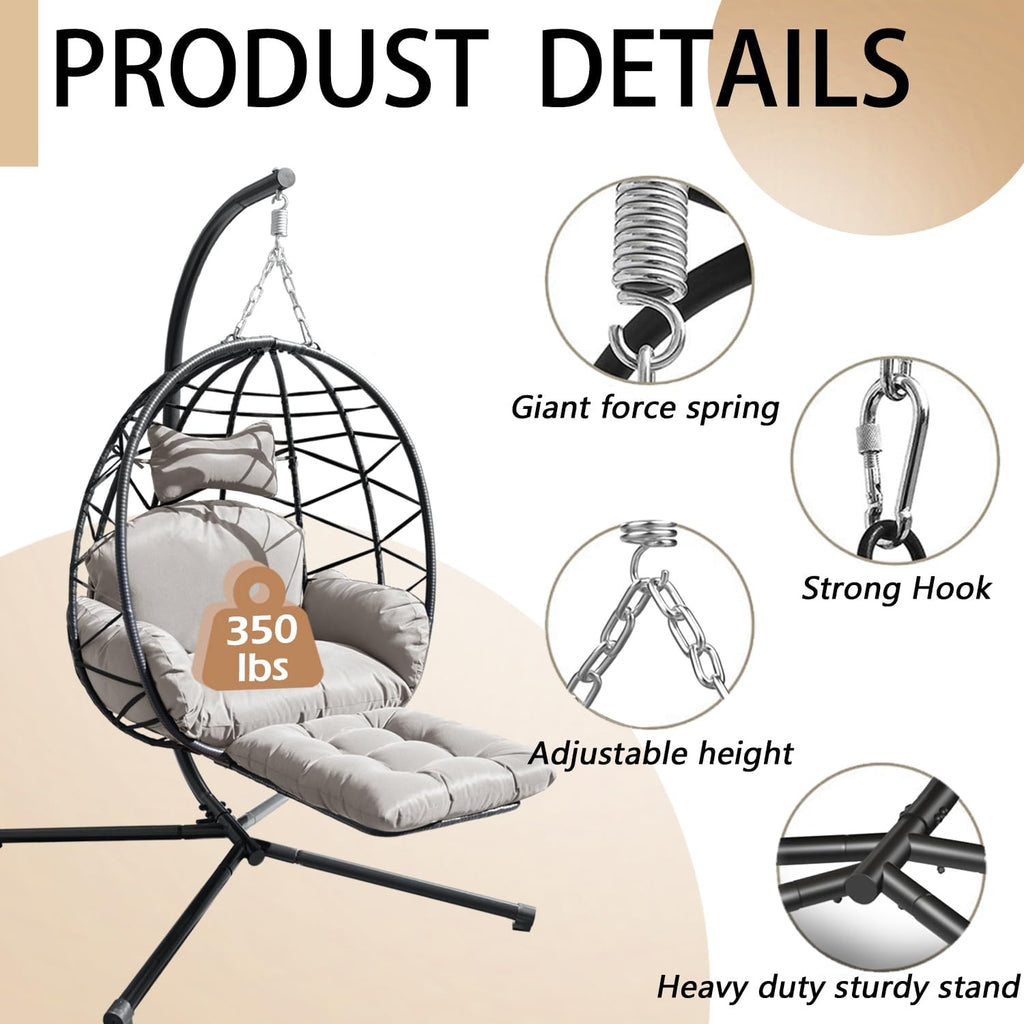 Indoor Outdoor Hanging Egg Chair with Stand & Leg Rest – Heavy-Duty Steel Frame, Handwoven Rattan Swing Chair for Patio, Garden, Bedroom – 350 lbs Capacity, Ergonomic Design (Grey)