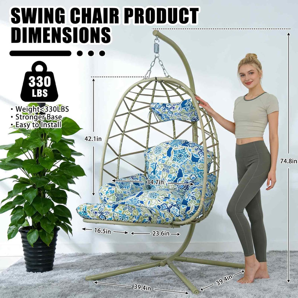 Hanging Egg Chair with Stand & Leg Rest,Rattan Wicker Swing Chair with Cushion,Patio Basket Hanging Chair Wicker Hammock Chair for Indoor Outdoor Bedroom Garden,300LBS (Coffee Rattan&Floral Cushion)