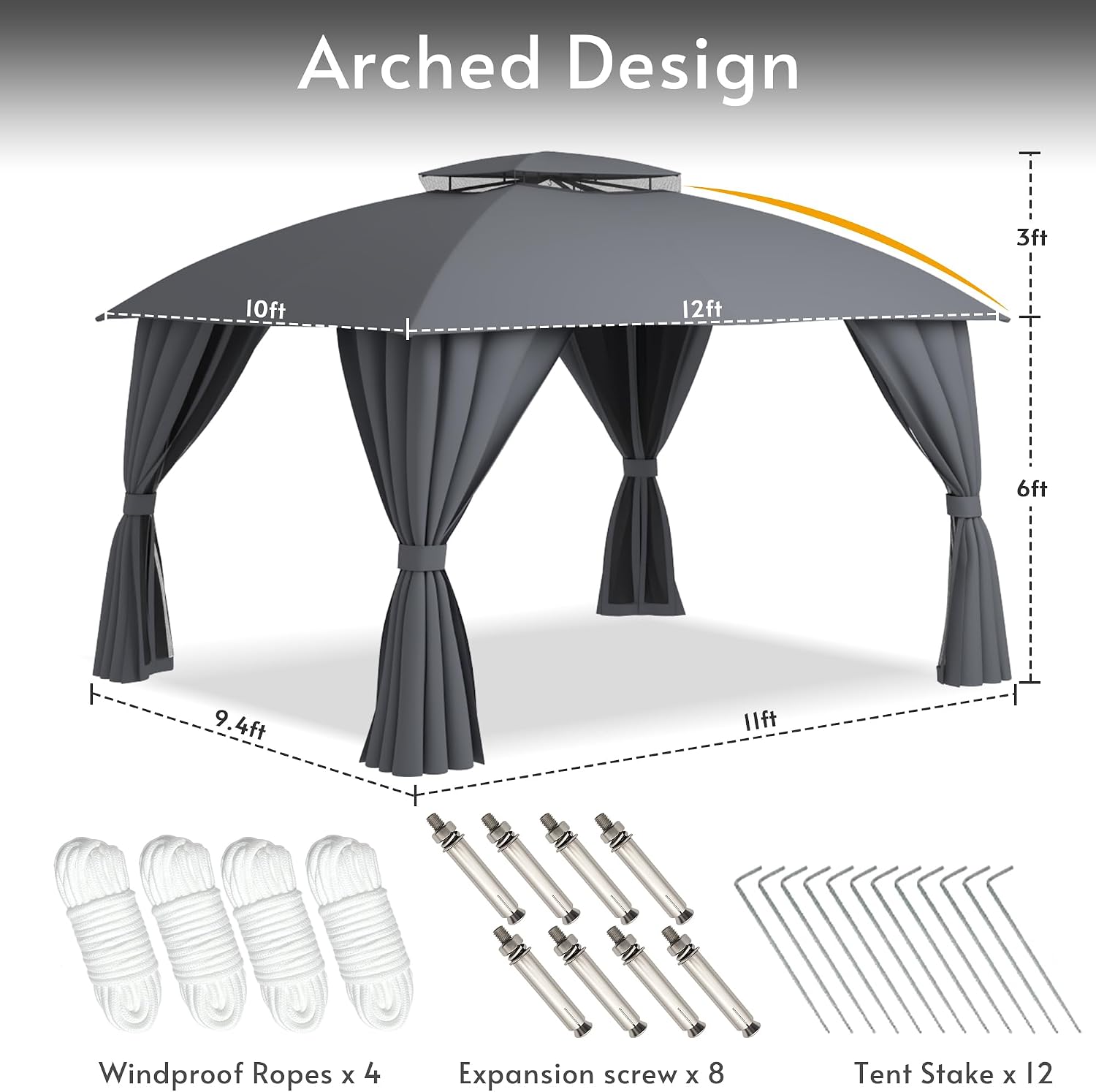 Gazebo 10x12 with Mosquito Netting & Privacy Screens. Double Roof Design Outdoor Gazebo with Trapezoidal Support System for Patio, Deck, Backyard, Garden & Lawns(Dark Gray)