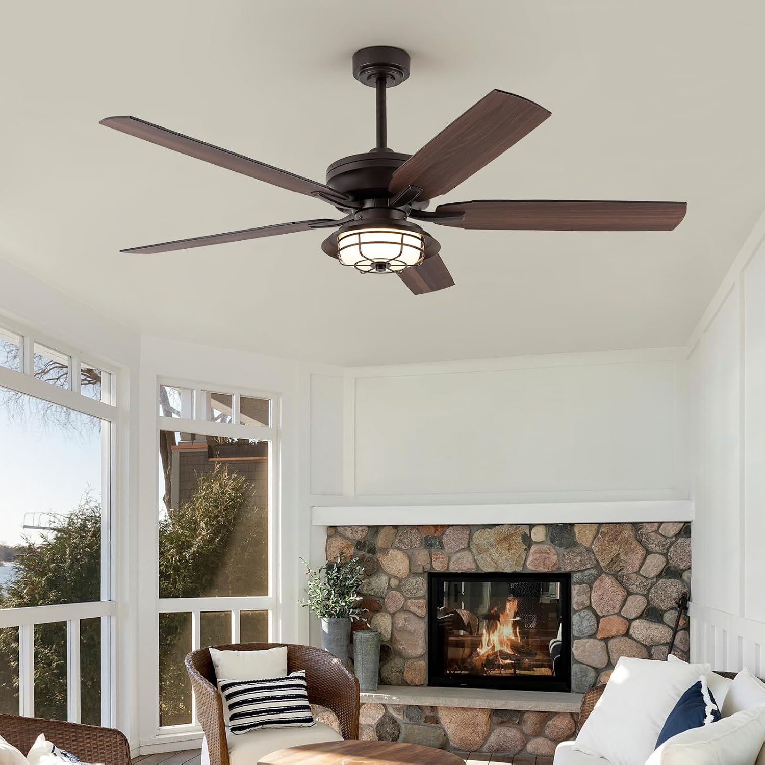 NORFOLK Outdoor Ceiling Fans with Lights and Remote, Waterproof 60 Inch Ceiling Fan with 3 Color LED Light for Patios, Gazebos, and Indoor, Wet Rated Farmhouse Modern Style