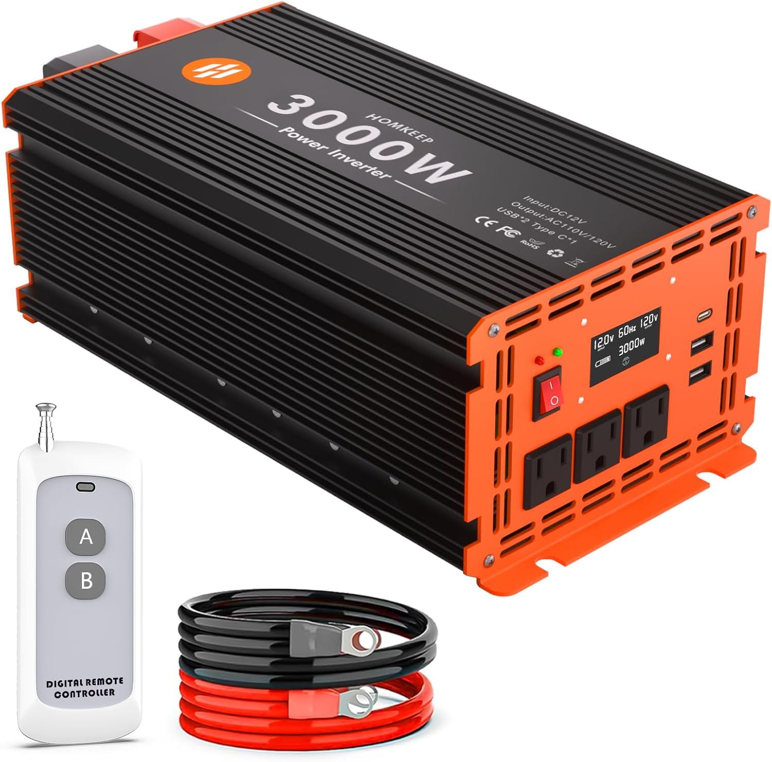 3000 Watt Power Inverter 12V DC to 110V/120V AC Converter Peak Power 6000W Car Inverter with LCD Display 3 AC Outlets, 2 USB & Type-C Port for RV,Truck,Off-Grid Solar System with Remote Controller