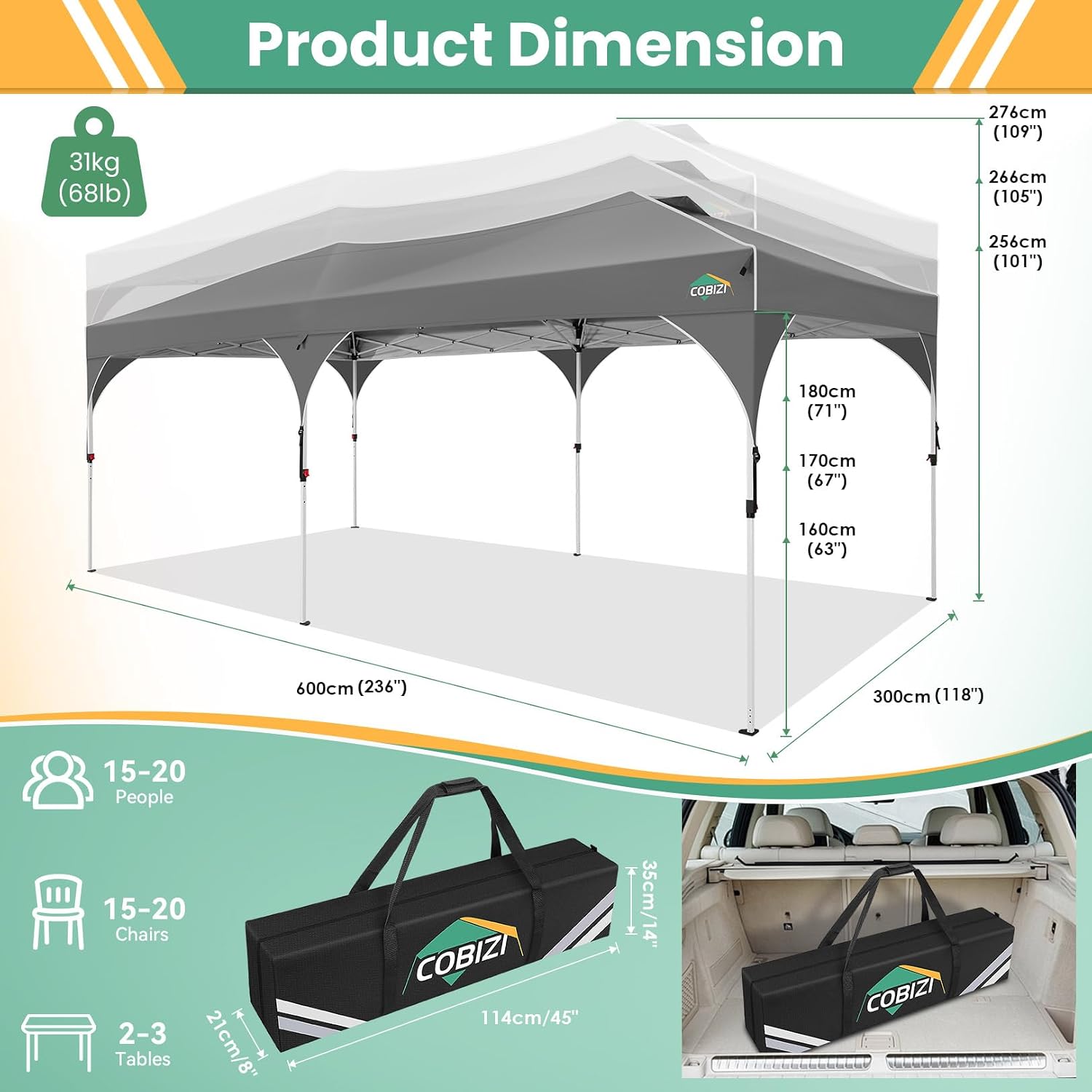 COBIZI 10x20 Pop Up Canopy Tent, Outdoor Party Tent with 4 Sidewalls, 1 Person Easy Set up, Tents for Parties with Fluorescent Strip & 4 Sandbags, Waterproof UPF50+, 3 Adjustable Height, Gray