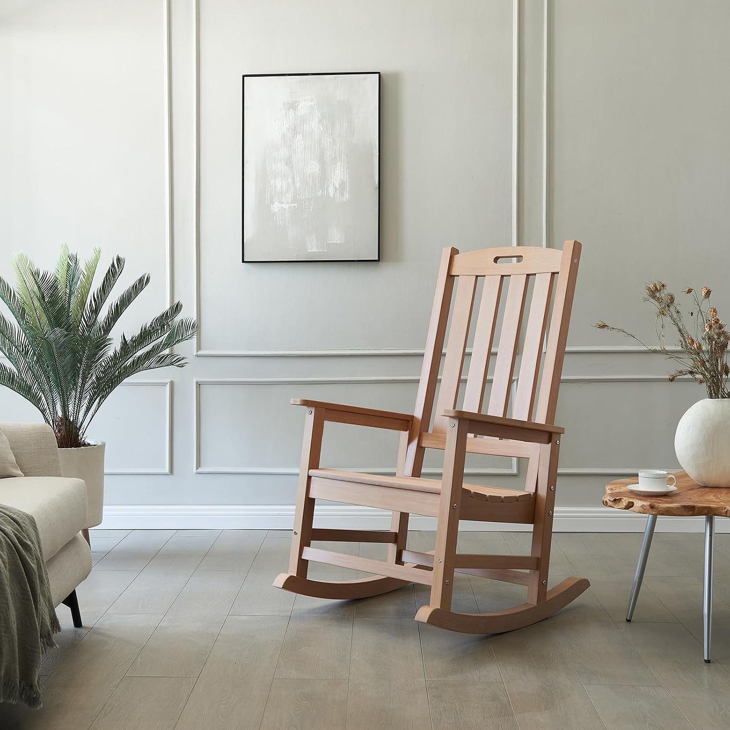 Psilvam Oversized Outdoor Rocking Chair, with 21' Wide Seat and 32' Tall Backrest, Pre-Assembled with Most Components for Effortless Installation (Teak Color)