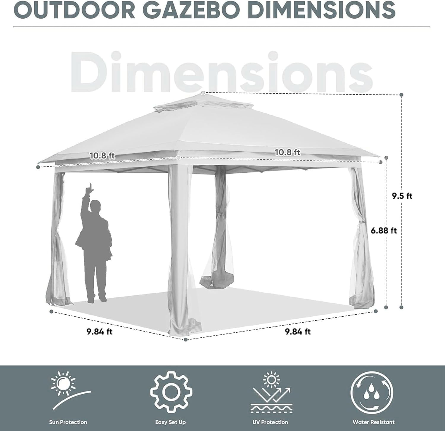 11x11 FT Gazebo Tent, Outdoor Tents for Parties with Mosquito Netting, Folding Heavy Duty Height Adjustable Canopy Tent for Patio Backyard Garden (White)
