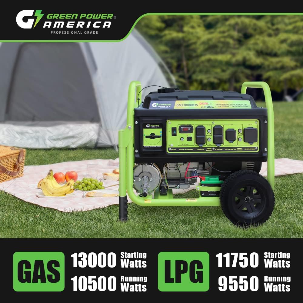 Green-Power America 13000 Watt Dual Fuel Portable Generator, Gas & Propane Powered, Electric Start, Backup Power for Home Emergency, RV Camping & Outdoor Use