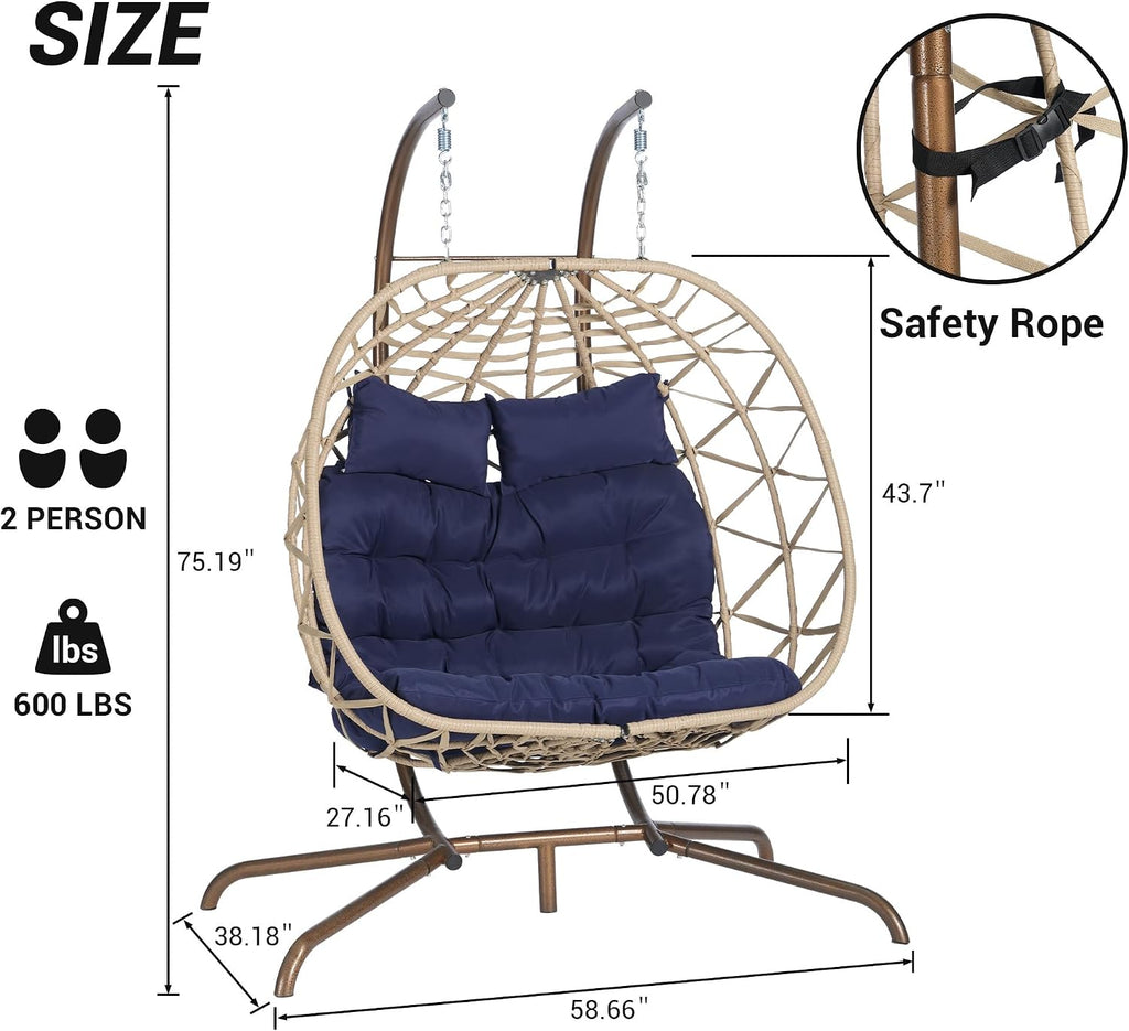 JOYBASE Double Swing Egg Chair with Stand, 2-Person Hanging Egg Chair Wicker Rattan Oversized Swinging Chair for Outdoor Indoor Garden Patio (Dark Blue Cushion and Beige Rattan)