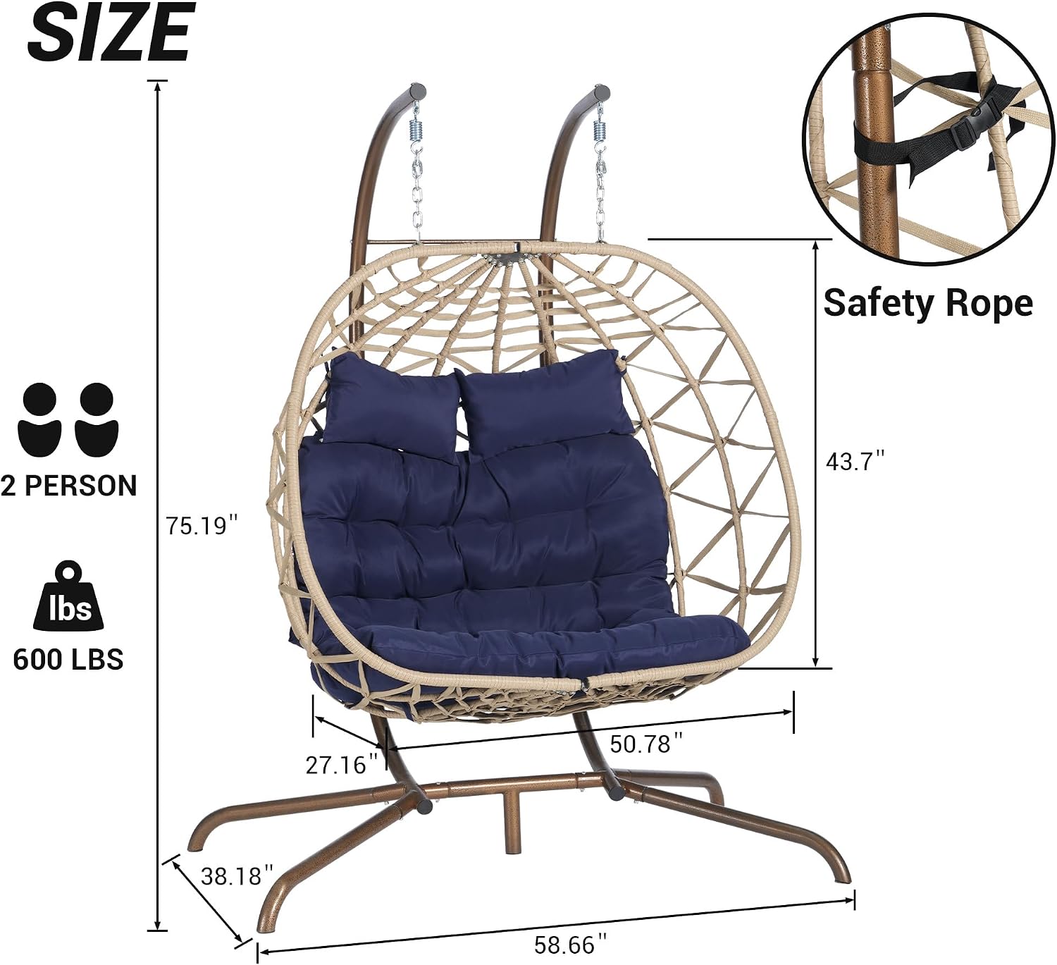 JOYBASE Double Swing Egg Chair with Stand, 2-Person Hanging Egg Chair Wicker Rattan Oversized Swinging Chair for Outdoor Indoor Garden Patio (Dark Blue Cushion and Beige Rattan)