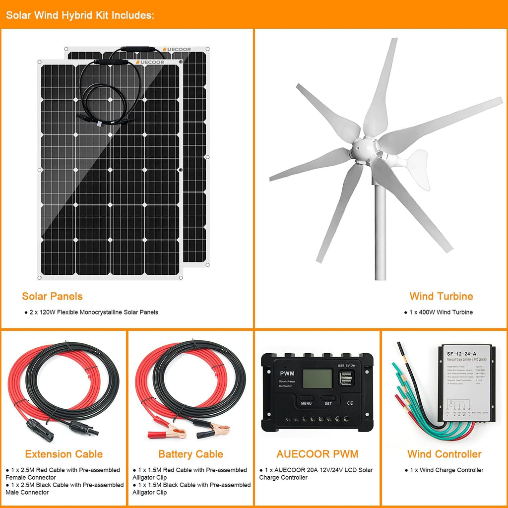 640 Watts 24 Volt Solar Wind Hybrid System Kit: 400W 6-Blade Wind Turbine Generator with Charge Controller,2pcs 120W Flexible Monocrystalline Solar Panel,Accessories,