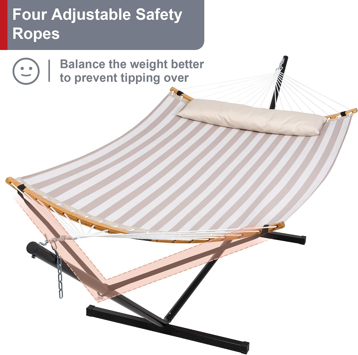 Double Hammock with Stand for Outside, Quick Dry Hammock with Curved Spreader Bars, Pillow and Carrying Bag, 450 Lbs Capacity, Light Brown Stripe