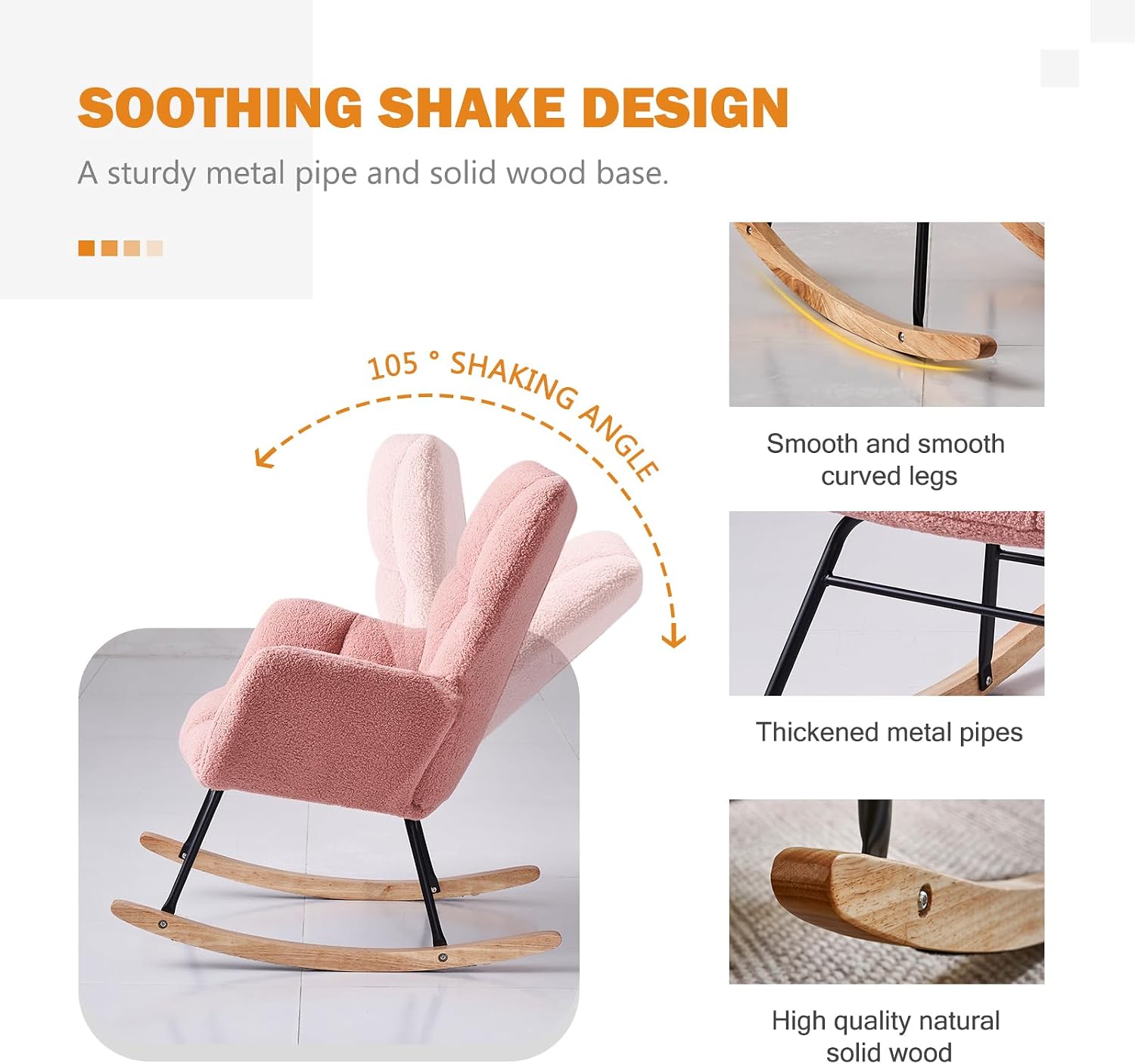 Rocking Chair Nursery, High Backrest Teddy Glider Rocker Upholstered Rocker Recliner Modern Rocking Accent Chairs for Bedroom, Living Room, Offices (Pink)