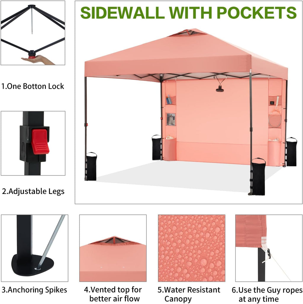 Tunbne 10'x10' Pop Up Canopy Tent with 1 Sidewall and 6 Pockets, One Push Setup, Instant Shade Tent with Vented Roof for Beach Patio Outdoor, Case, 8 Stakes, 4 Ropes, 4 Sandbags (Ocher, 10x10)