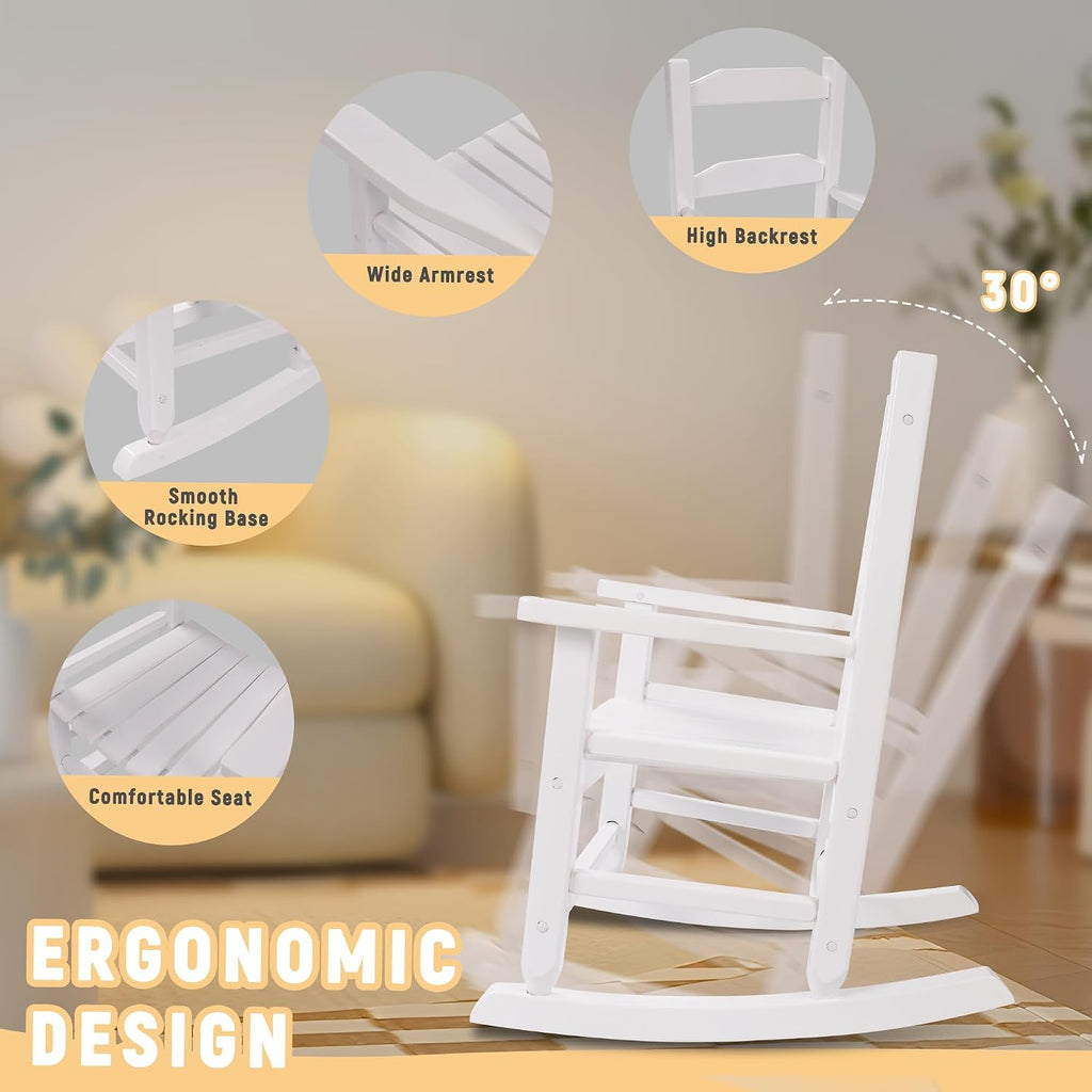 Toddler Rocking Chair Set of 2 for Kids Comfy Recliner Wooden Rocker for Baby Children Ages 3-6 Outdoor Lounge Chair Girls Indoor Playroom White