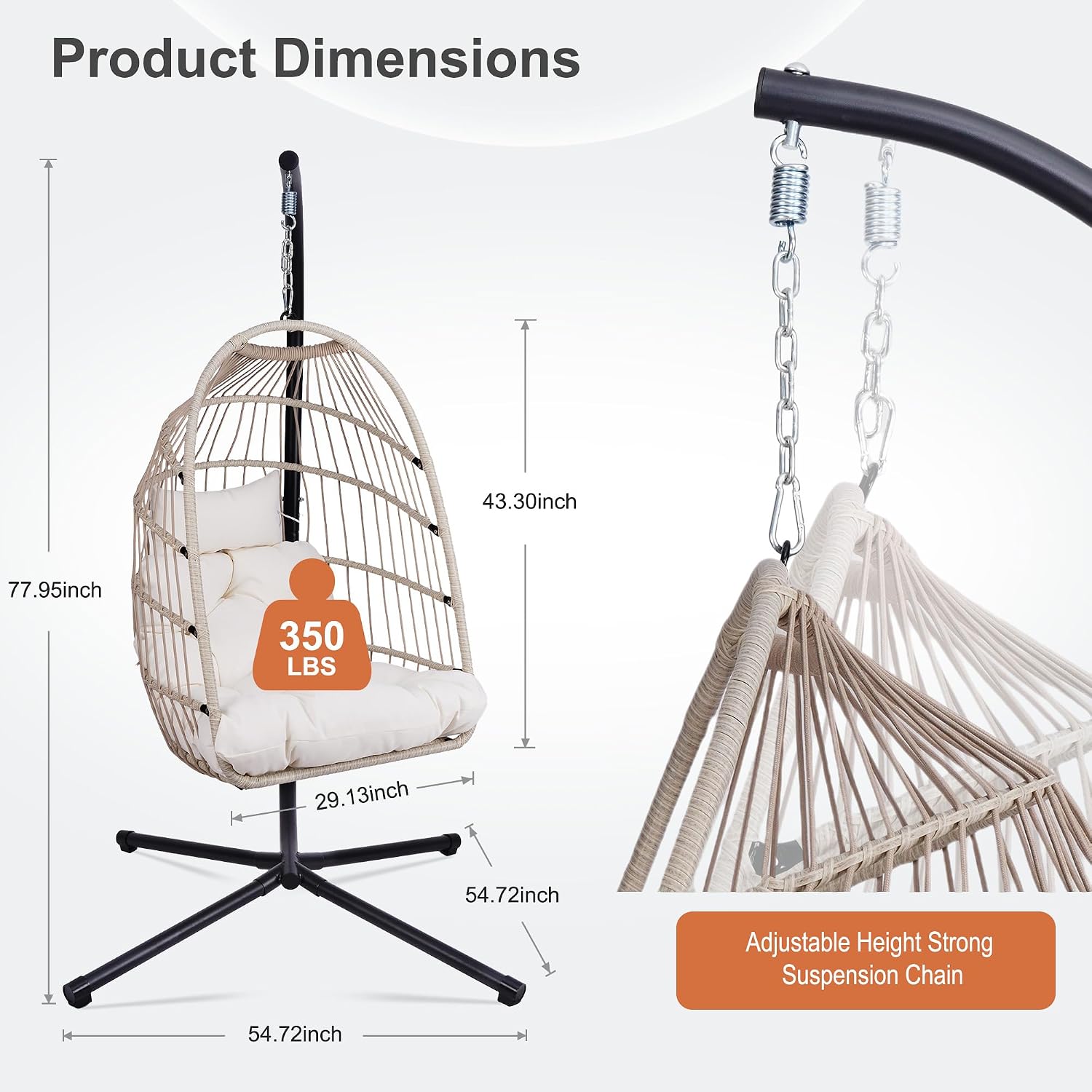 Foldable Hanging Egg Chair with Stand and Pillow, HDPE Rattan and Heavy Duty Aluminum-Steel Frame, Outdoor Patio Wicker Swing Egg Chair with Headrest and Cushioned, 350 Lbs Capacity (Beige)