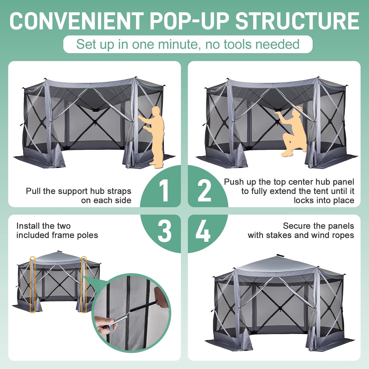 VINGLI 12x12 Pop Up Gazebo Tent, Portable Easy Up Screen Tent for Camping with Mosquito Netting, Camping Canopy Shelter with Carry Bag, Ground Stakes