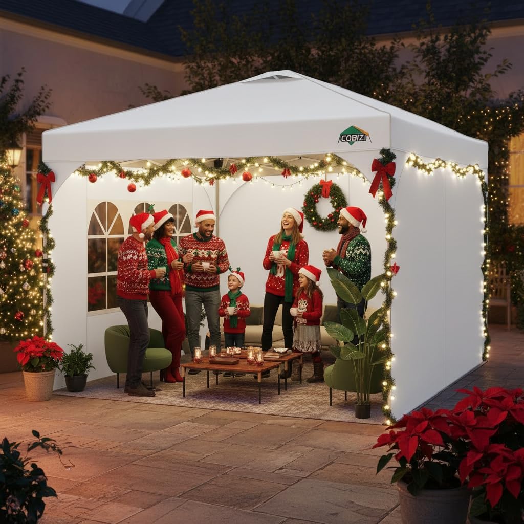 COBIZI 10x10 Pop Up Canopy Tent, Outdoor Party Tent with 3 Sidewalls, 1 Person Easy Set up, Tents for Parties with Fluorescent Strip & 4 Sandbags, Waterproof UPF50+, 3 Adjustable Height, White