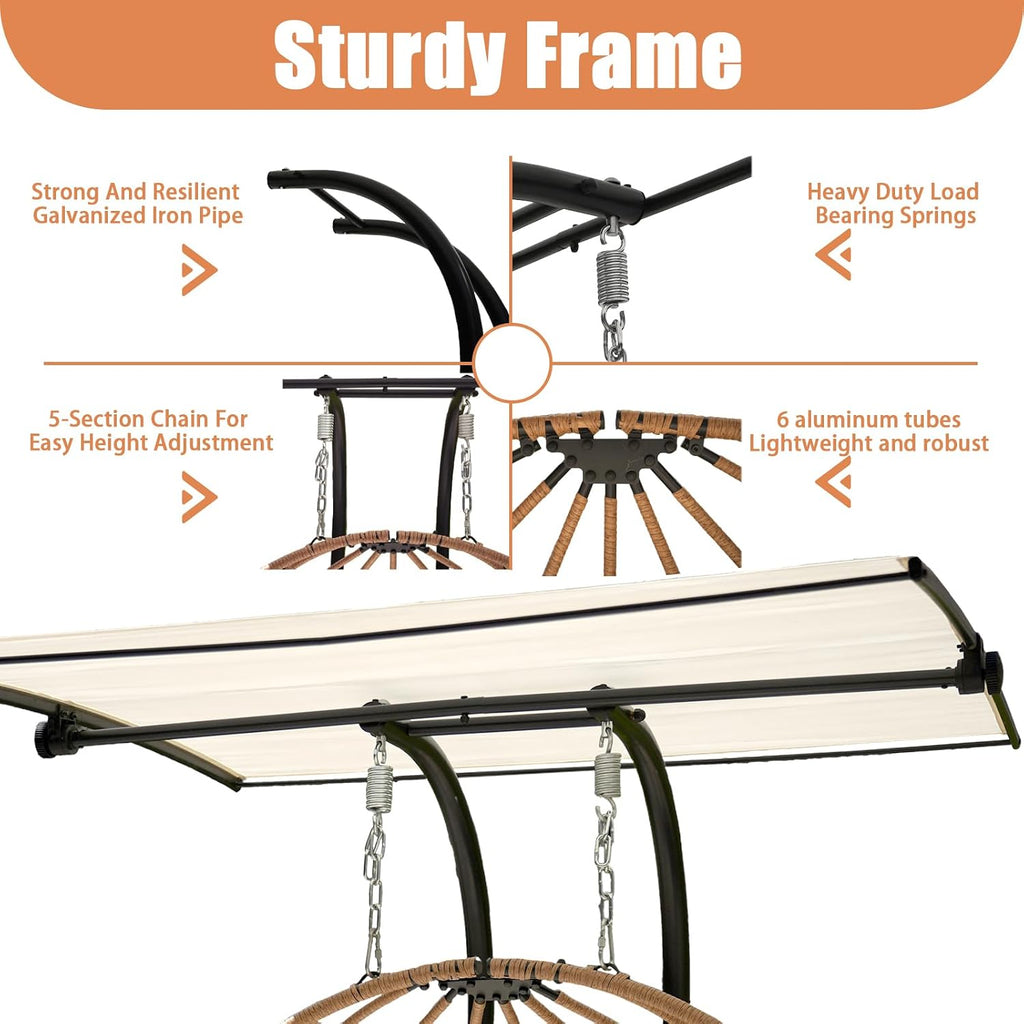 Double Egg Swing Chair with Stand and Canopy Indoor Outdoor, All-Weather Pe Rattan and Sturdy Powder-Coated Steel Frame, Splash-Proof Fabric & Thickened Uv Resistant Cushion, 600lbs Capacity (YB)