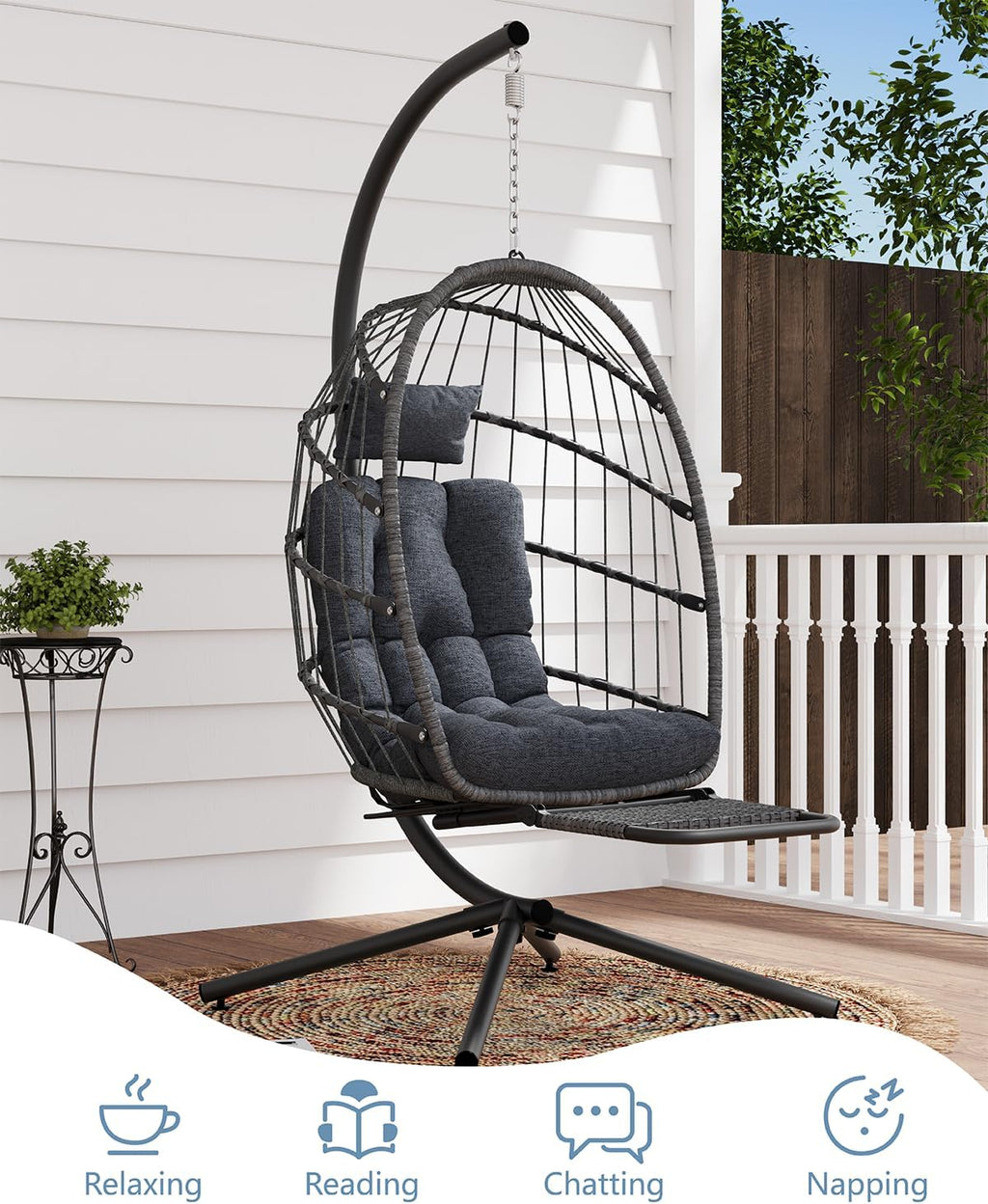 SWITTE Egg Chair Outdoor with Footrest & Stand, Indoor Wicker Hanging Egg Swing Hammock Chair with Cushion for Patio, Bedroom, Garden - Charcoal