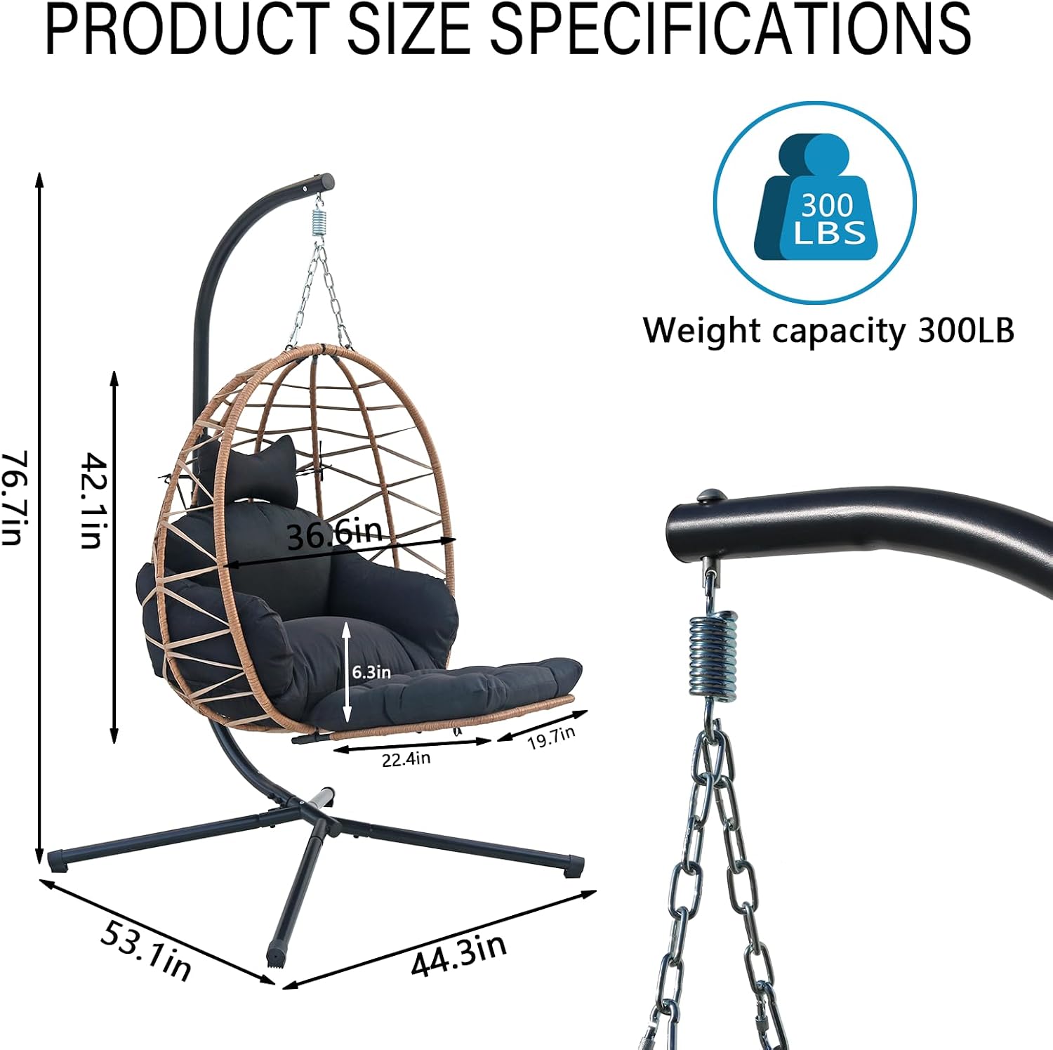 Hanging Egg Chair with Stand & Leg Rest,Rattan Wicker Swing Chair with Cushion,Patio Basket Hanging Chair Wicker Hammock Chair for Indoor Outdoor Bedroom Garden,300LBS (Yellow Rattan&Black Cushion)