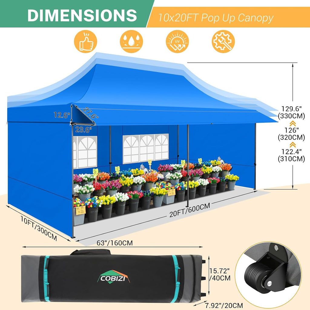 COBIZI 10x20 Pop Up Canopy Tent with Awning & Sidewalls, Heavy Duty Commercial 10X20 Canopy Tents Instant Waterproof, UPF 50+ Sun Shade for Outdoor, Parties, Markets (Blue)