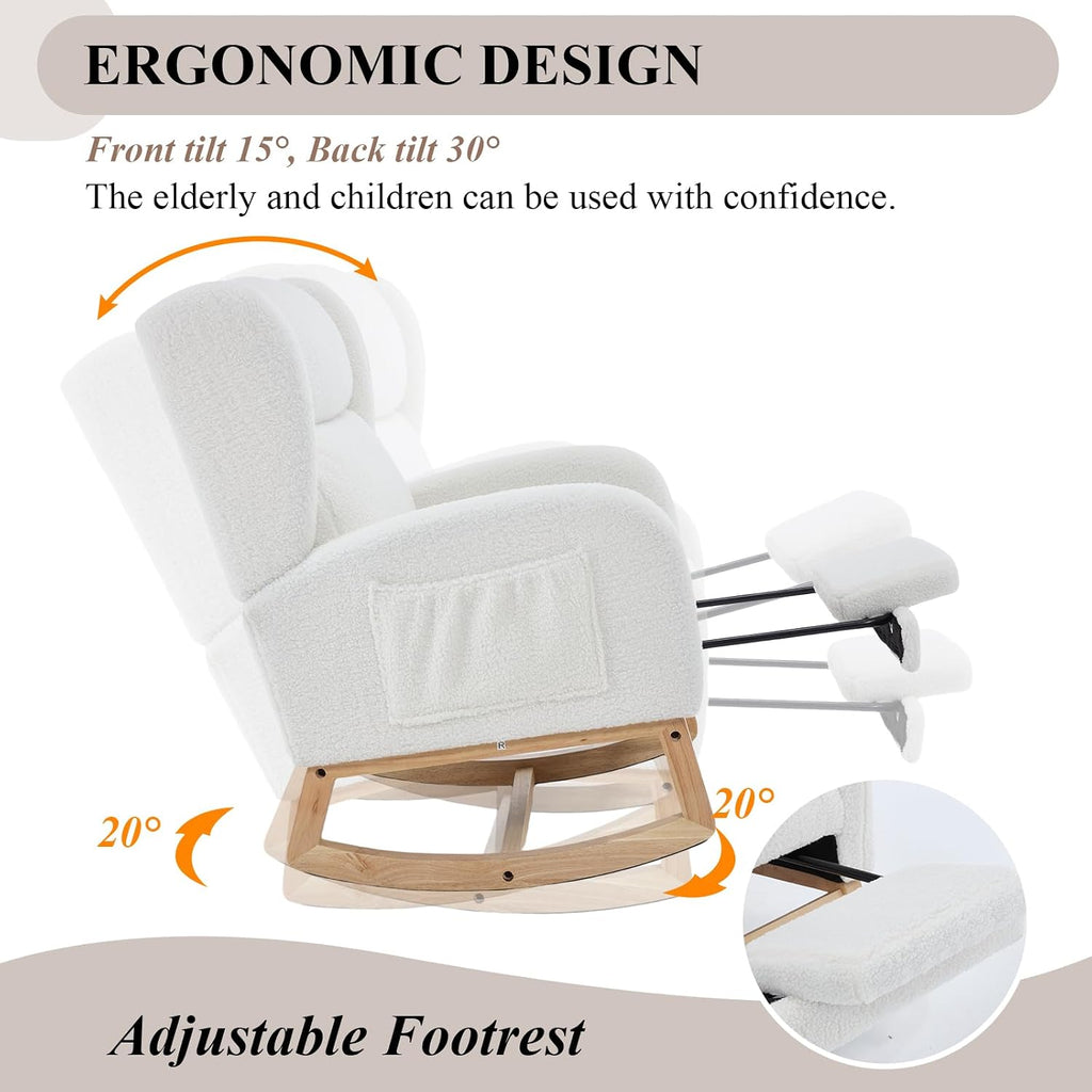 NIOIIKIT Nursery Rocking Chair with Footrest, Teddy Upholstered Glider Chair, Rocker Nursery Chair with Side Pocket, Glider Rocker, Accent Reading Chair for Living Room (White Teddy)