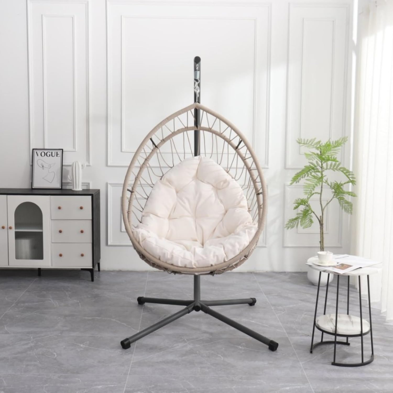 KEIKI Hanging Egg Chair with Stand - Beige Wicker Hammock Swing Chair for Indoor & Outdoor, 350LBS Capacity, Includes Cushion - Patio, Balcony, Bedroom, Garden Lounge Chair