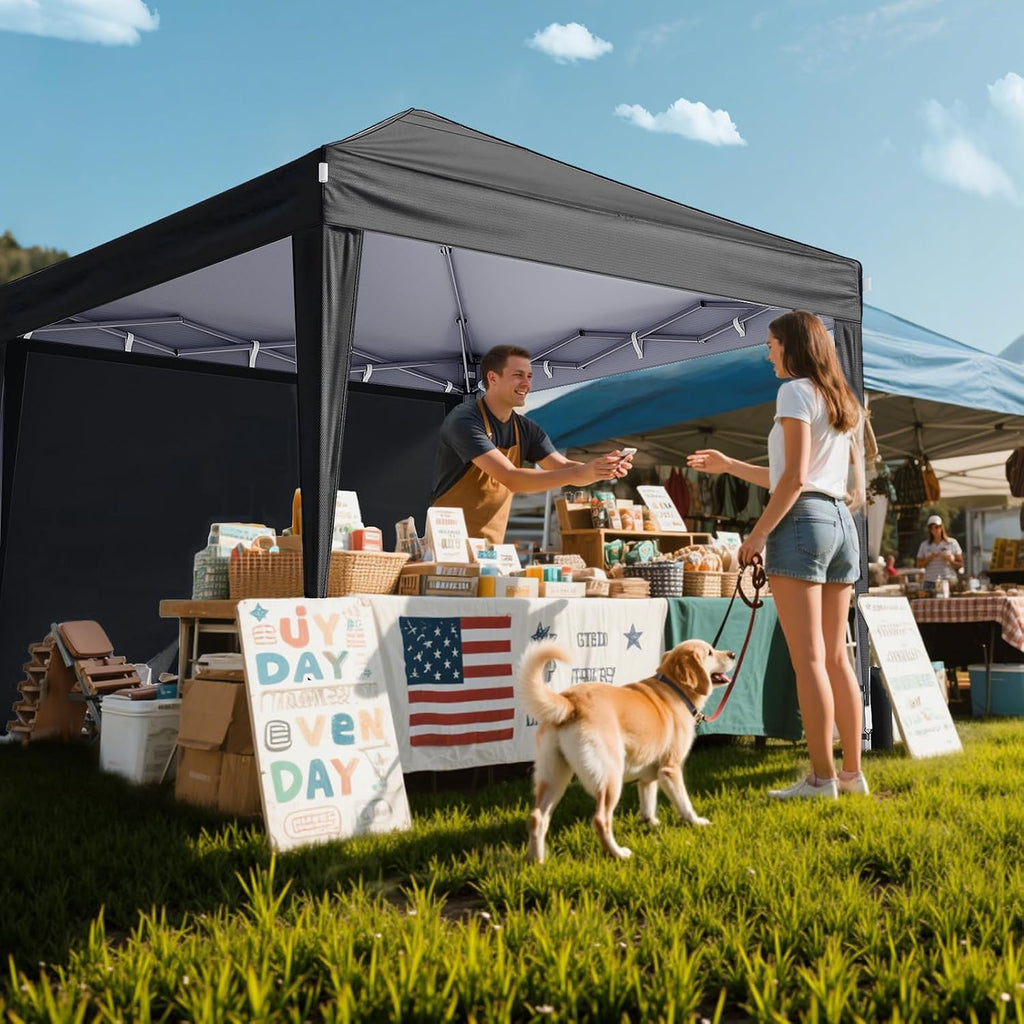 Driftalia 10x10 Pop Up Canopy with Sidewalls, Outdoor Instant Canopy Tent with Carry Bag for Commercial Events, Camping, Backyard Parties - Black