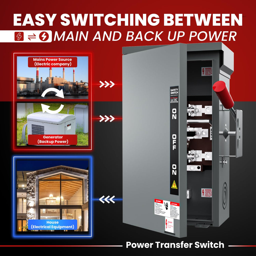 200A Generator Transfer Switch for Home Generator, 48000W Manual Double-Throw Disconnect Switch, 120/240-Volt, NEMA 3R with Wiring Lugs, Indoor/Outdoor (200A 2P Grey)